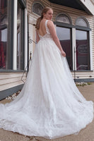 Load image into Gallery viewer, A-Line Tulle White Long Plus Size Wedding Dress with Beading