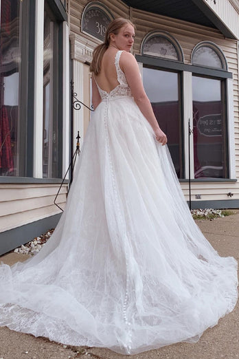 A-Line Tulle White Long Plus Size Wedding Dress with Beading