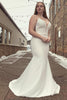 Load image into Gallery viewer, Mermaid Satin White Spaghetti Straps Long Plus Size Wedding Dress with Button