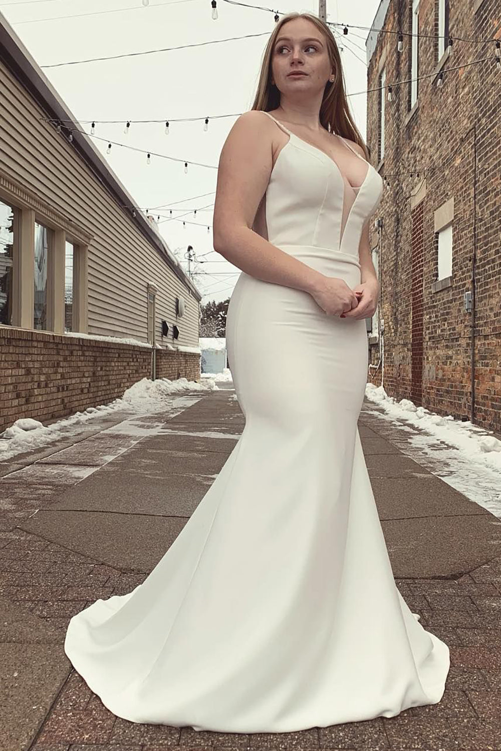 Mermaid Satin White Spaghetti Straps Long Plus Size Wedding Dress with Button