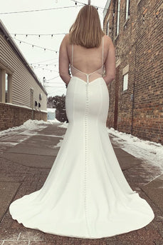 Mermaid Satin White Spaghetti Straps Long Plus Size Wedding Dress with Button