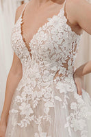 Load image into Gallery viewer, Glitter Ivory A-Line Spaghetti Straps Long Wedding Dress with Appliques