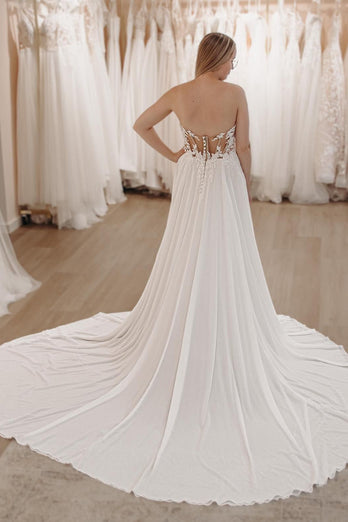 White Sweetheart Long Lace Boho Wedding Dress with Slit