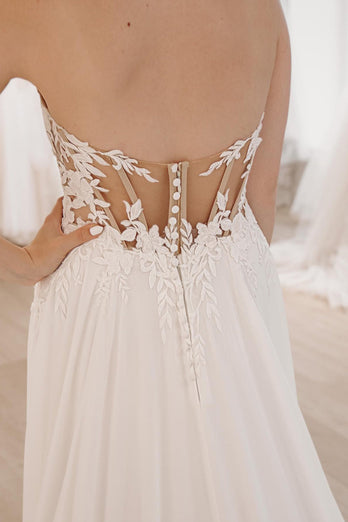 White Sweetheart Long Lace Boho Wedding Dress with Slit