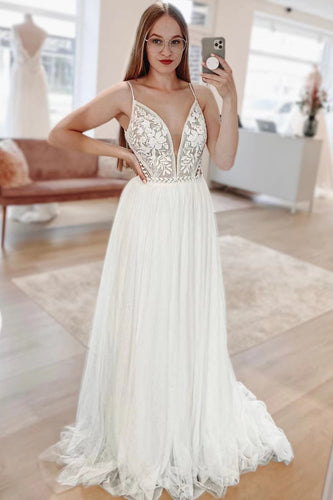 Simple White A-Line Boho Long Chiffon Wedding Dress with Lace