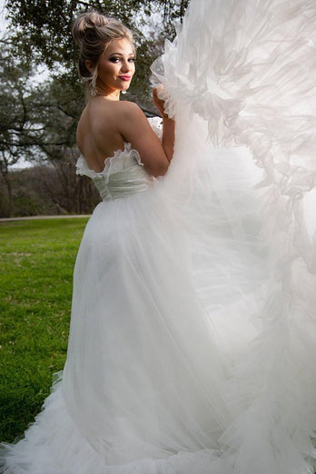 A-Line Strapless White Tulle Wedding Dress