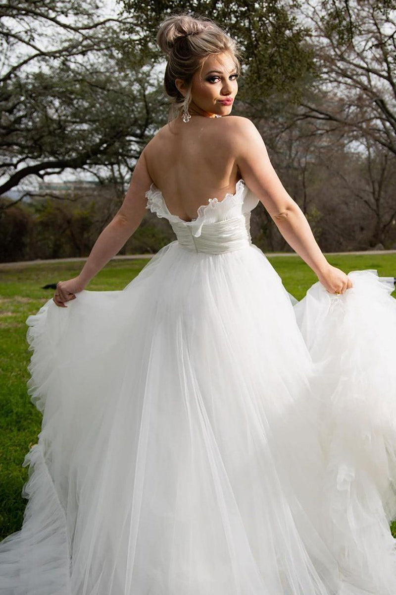 Load image into Gallery viewer, A-Line Strapless White Tulle Wedding Dress