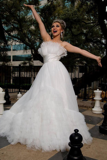 A-Line Strapless White Tulle Wedding Dress