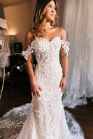 Load image into Gallery viewer, Champagne Cold Shoulder Long Train Mermaid Wedding Dress with Appliques