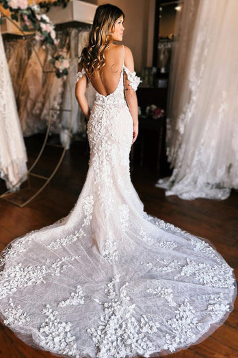 Champagne Cold Shoulder Long Train Mermaid Wedding Dress with Appliques