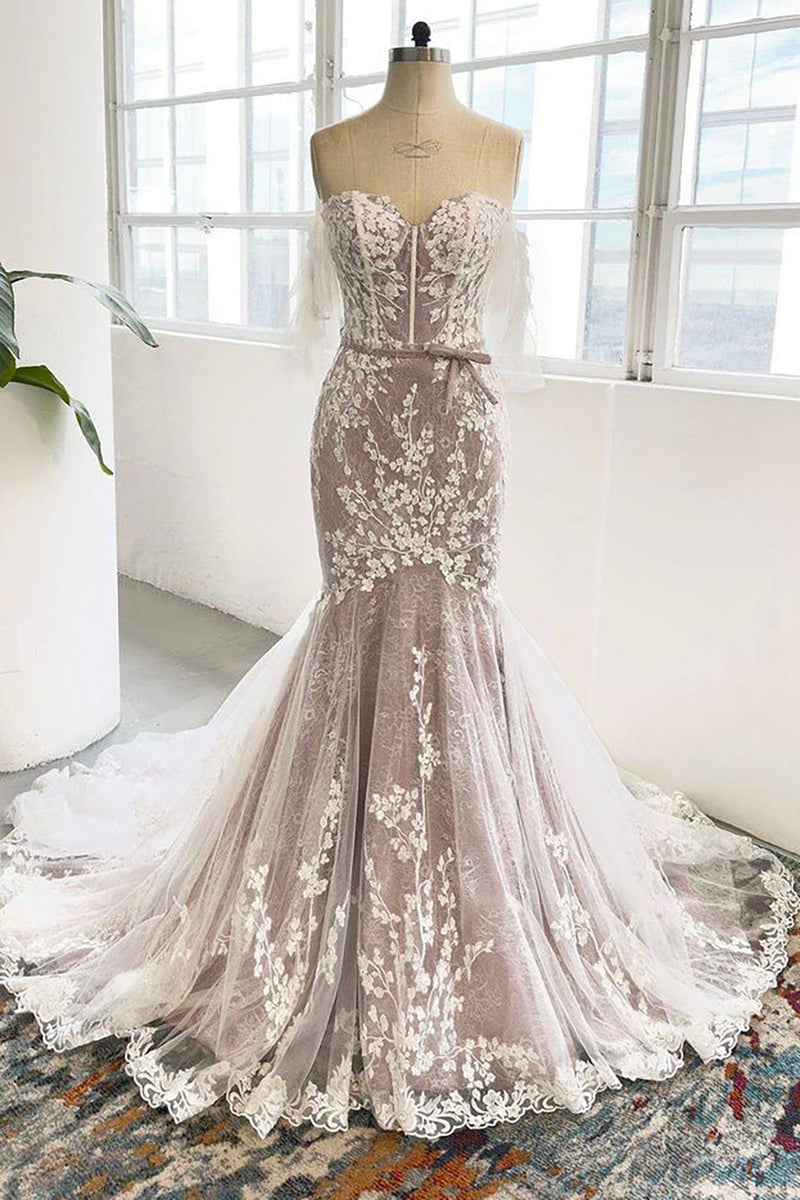 Load image into Gallery viewer, Gray Purple Sweetheart Corset Mermaid Wedding Dress with Appliques