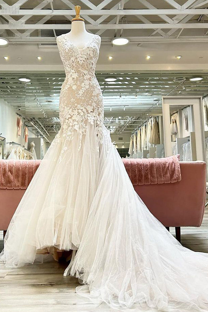 Load image into Gallery viewer, Champagne V-Neck Asymmetrical Mermaid Wedding Dress with Appliques