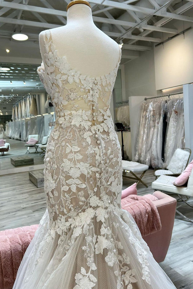 Load image into Gallery viewer, Champagne V-Neck Asymmetrical Mermaid Wedding Dress with Appliques