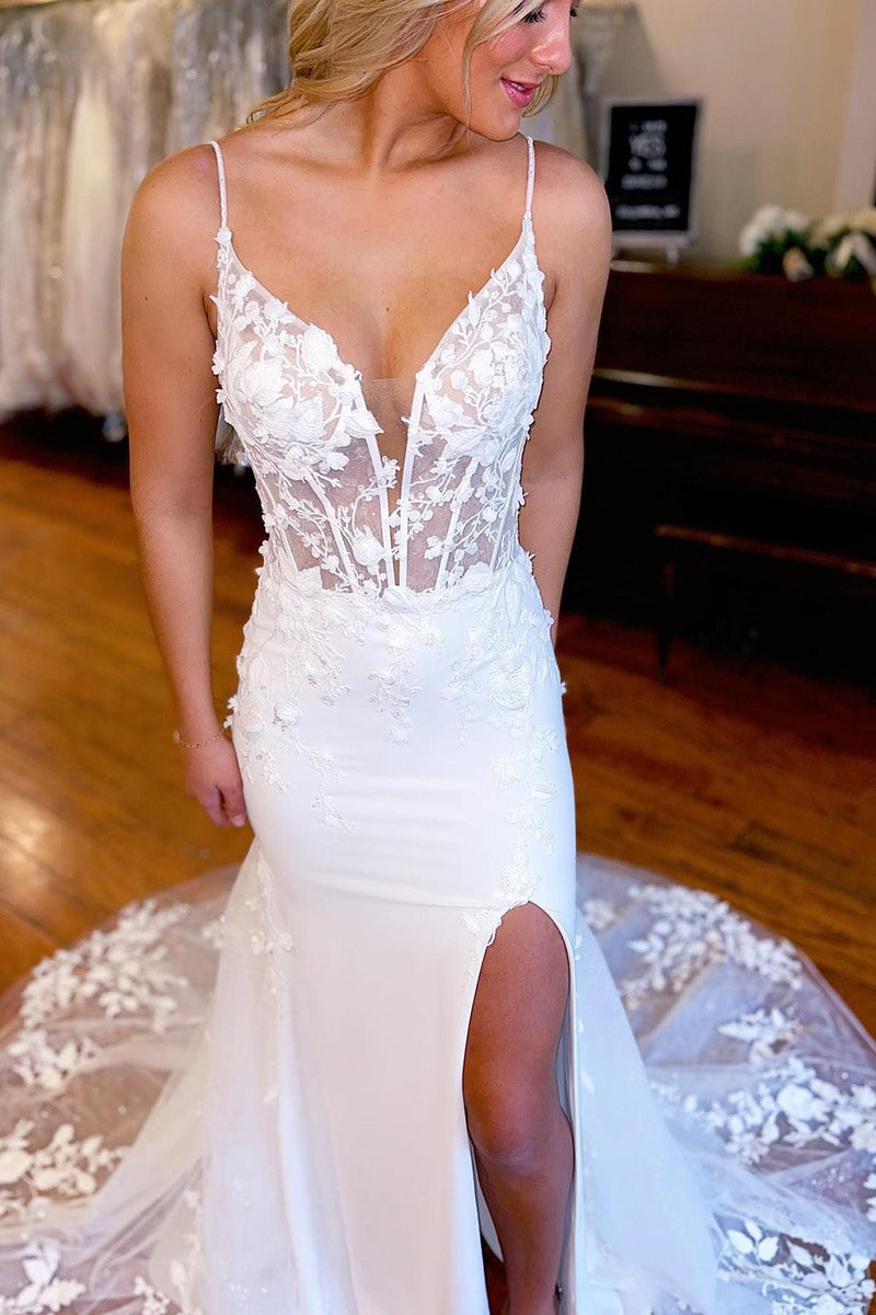 Load image into Gallery viewer, Ivory Spaghetti Straps High Slit Mermaid Wedding Dress with Appliques