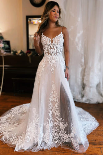Ivory Detachable Sleeve High Slit A-Line Wedding Dress with Appliques