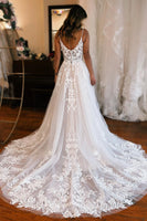 Load image into Gallery viewer, Ivory Detachable Sleeve High Slit A-Line Wedding Dress with Appliques