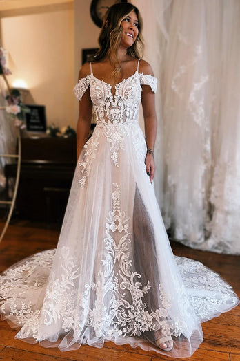 Ivory Detachable Sleeve High Slit A-Line Wedding Dress with Appliques