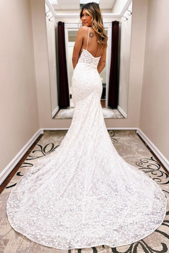 Ivory Spaghetti Straps Long Train Lace Mermaid Wedding Dress