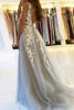 Load image into Gallery viewer, Grey Tulle A-Line V-Neck Wedding Dress with Appliques