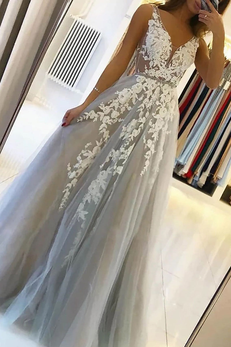 Load image into Gallery viewer, Grey Tulle A-Line V-Neck Wedding Dress with Appliques