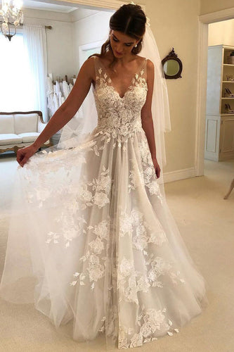 Ivory Tulle A-Line V-Neck Wedding Dress with Appliques
