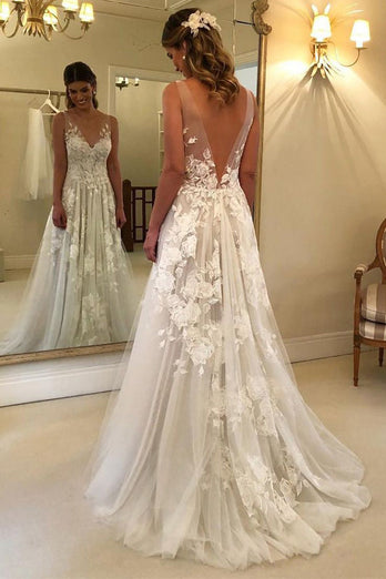Ivory Tulle A-Line V-Neck Wedding Dress with Appliques