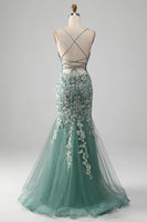Load image into Gallery viewer, Mermaid Lace-Up Back Light Green Prom Dress with Appliques