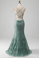 Load image into Gallery viewer, Spaghetti Staps Sparkly Grey Green Prom Dress with Beading