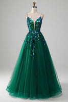 Load image into Gallery viewer, Tulle Spaghetti Straps Dark Green Prom Dress with Sequins