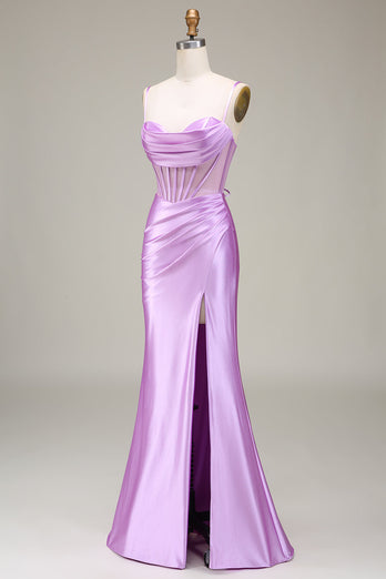 Satin Spaghetti Straps Lilac Prom Dress with Corset