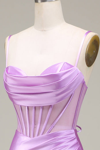 Satin Spaghetti Straps Lilac Prom Dress with Corset