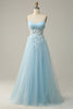 Load image into Gallery viewer, Sky Blue Spaghetti Straps Appliques Prom Dress with Ruffles