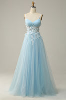 Load image into Gallery viewer, Sky Blue Spaghetti Straps Appliques Prom Dress with Ruffles