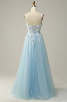 Load image into Gallery viewer, Sky Blue Spaghetti Straps Appliques Prom Dress with Ruffles
