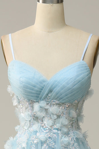 Sky Blue Spaghetti Straps Appliques Prom Dress with Ruffles