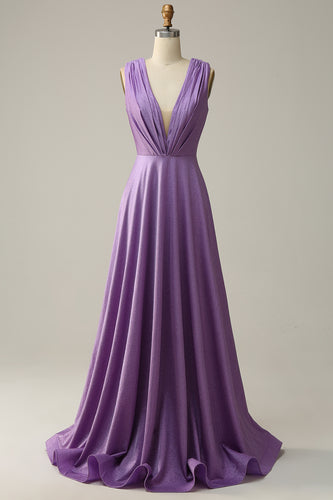 Purple Deep V-neck Sparkly Prom Dress