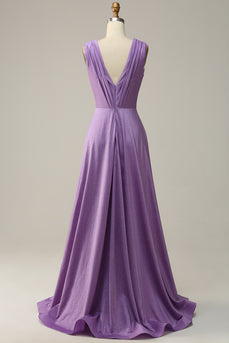 Purple Deep V-neck Sparkly Prom Dress