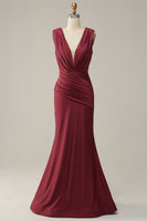 Load image into Gallery viewer, Deep V-neck Burgundy Mermaid Prom Dress with Ruffles