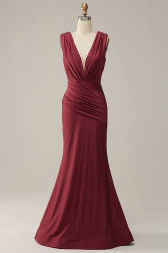 Deep V-neck Burgundy Mermaid Prom Dress with Ruffles