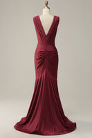 Load image into Gallery viewer, Deep V-neck Burgundy Mermaid Prom Dress with Ruffles