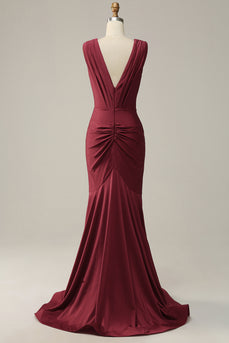 Deep V-neck Burgundy Mermaid Prom Dress with Ruffles