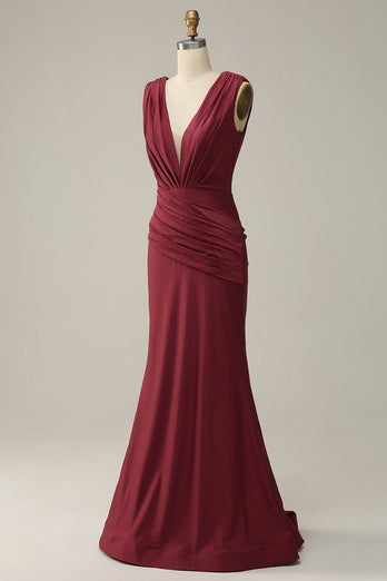 Deep V-neck Burgundy Mermaid Prom Dress with Ruffles