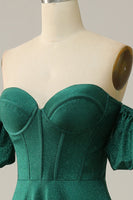 Load image into Gallery viewer, Off the Shoulder Green Sparkly Corset Prom Dress