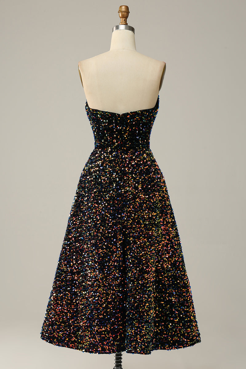 Load image into Gallery viewer, A Line Strapless Black Sequins Prom Dress