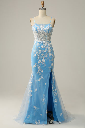 Blue Spaghetti Straps Corset Prom Dress with Appliques