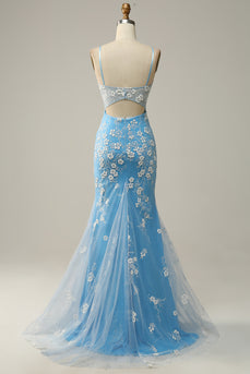 Blue Spaghetti Straps Corset Prom Dress with Appliques