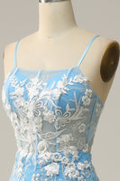 Load image into Gallery viewer, Blue Spaghetti Straps Corset Prom Dress with Appliques