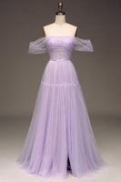 Load image into Gallery viewer, Lilac Off the Shoulder A Line Tulle Princess Prom Dress With Slit