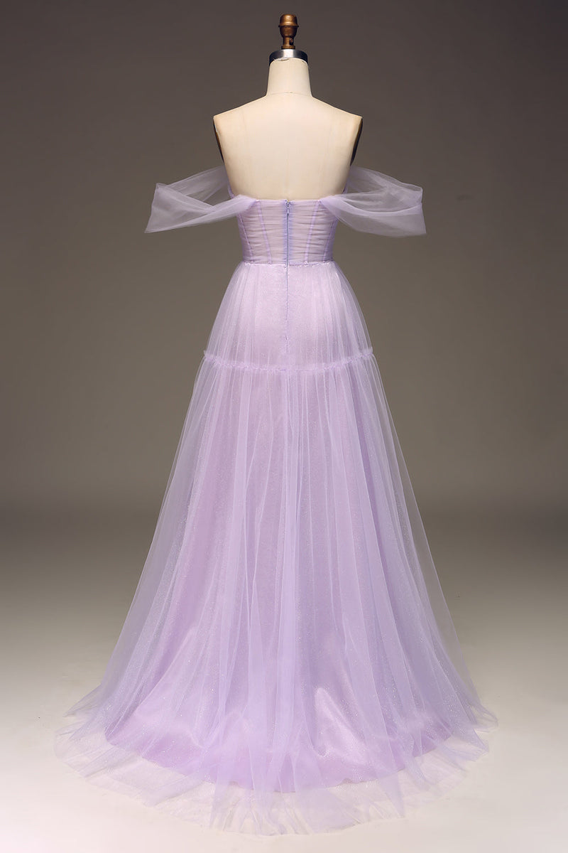 Load image into Gallery viewer, Lilac Off the Shoulder A Line Tulle Princess Prom Dress With Slit