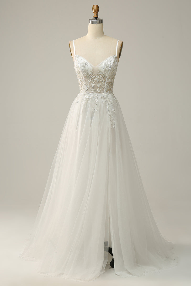 Load image into Gallery viewer, White Spaghetti Straps Corset Prom Dress with Beading